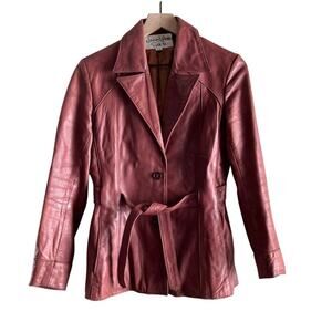 Vintage 70s Belted Leather Jacket Brick Red Button Front Joan Lober Santa‎ Fe, S